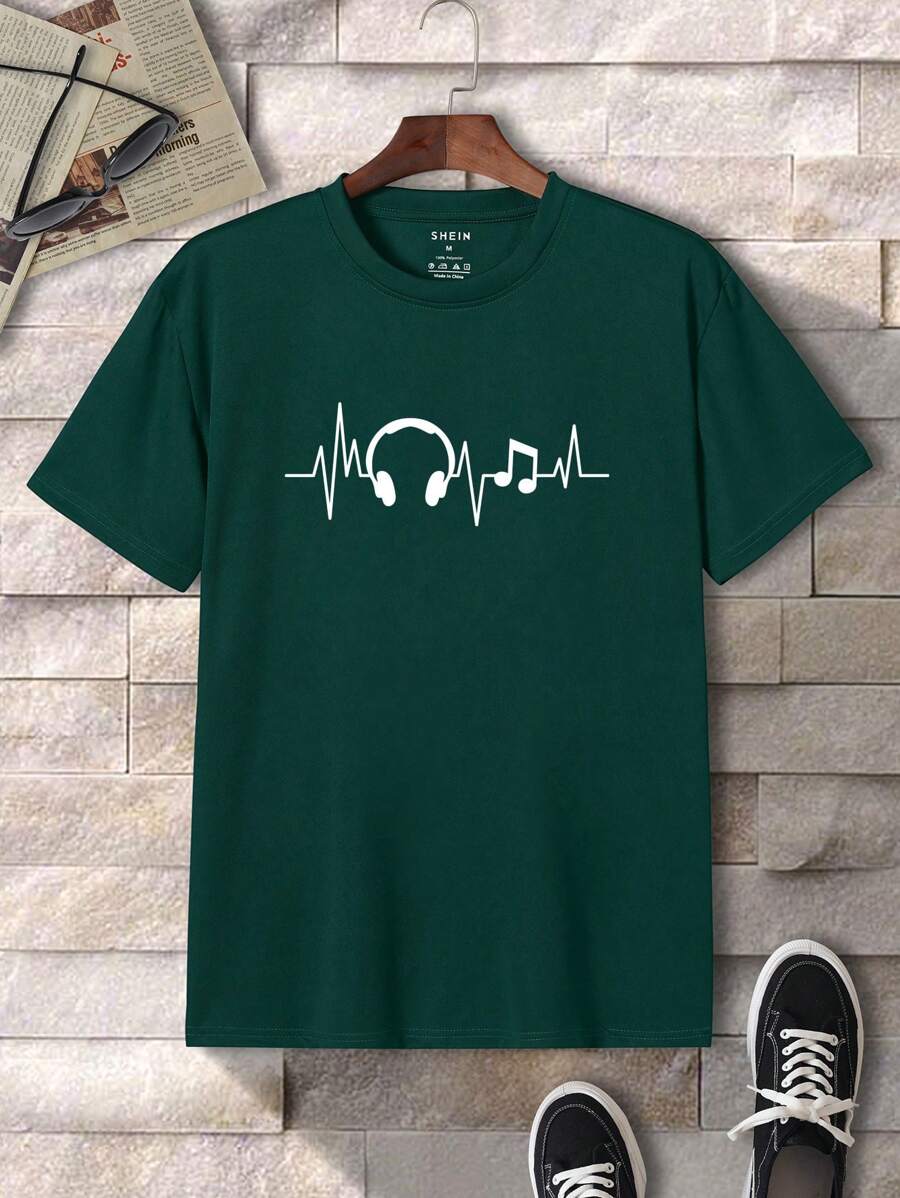 男士耳機圖案T恤 - 墨綠色 - 查看 1