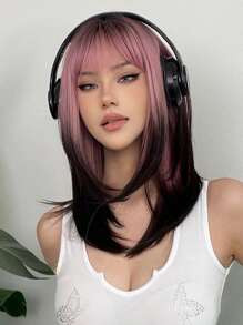 黑粉渐变合成假发，适合角色扮演，长直发，层次分明，带刘海，适合女性日常佩戴、派对、角色扮演和校园活动。 - 彩色 - 查看 3