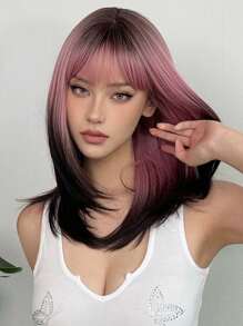 黑粉渐变合成假发，适合角色扮演，长直发，层次分明，带刘海，适合女性日常佩戴、派对、角色扮演和校园活动。 - 彩色 - 查看 5