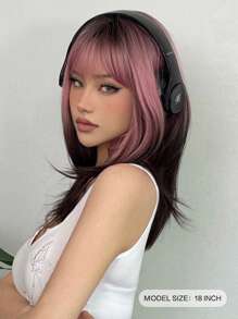 黑粉渐变合成假发，适合角色扮演，长直发，层次分明，带刘海，适合女性日常佩戴、派对、角色扮演和校园活动。 - 彩色 - 查看 7
