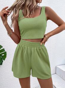 SHEIN LUNE 素色條紋針織背心上衣和短褲 - 青檸色 - 查看 1