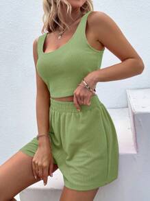 SHEIN LUNE 素色條紋針織背心上衣和短褲 - 青檸色 - 查看 6