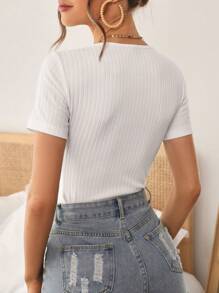 SHEIN Essnce 雞心領口褶邊T恤 - 白色 - 查看 2