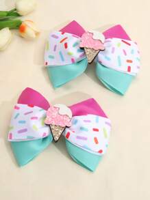 2入組女孩冰淇淋和蝴蝶結裝飾可愛鴨嘴夾適用於頭髮裝飾用品 - 彩色 - 查看 4