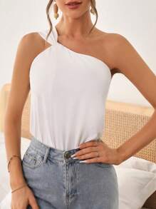 SHEIN VCAY Solid One Shoulder Bodysuit - White - View 1