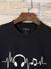 Manfinity Dauomo 男士耳机印花T恤，2000年代风格 - 黑色 - 查看 4