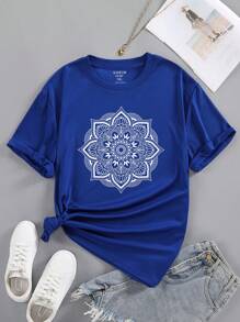 SHEIN LUNE 大碼曼陀羅印花T恤 - 藍色 - 查看 1