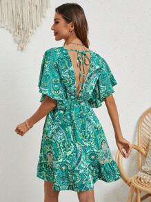 SHEIN Frenchy Paisley Print Tie Back Butterfly Sleeve Ruffle Hem Dress Summer Green Christmas Beach - Green - View 1