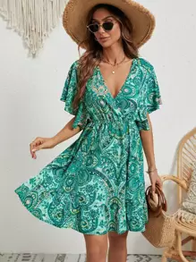 SHEIN Frenchy Paisley Print Tie Back Butterfly Sleeve Ruffle Hem Dress Summer Green Christmas Beach - Green - View 2