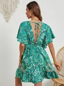 SHEIN Frenchy Paisley Print Tie Back Butterfly Sleeve Ruffle Hem Dress Summer Green Christmas Beach - Green - View 4