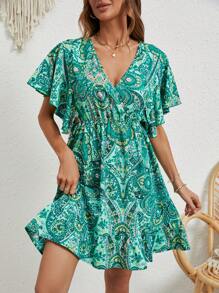 SHEIN Frenchy Paisley Print Tie Back Butterfly Sleeve Ruffle Hem Dress Summer Green Christmas Beach - Green - View 5