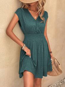 SHEIN LUNE Solid Surplice Neck A-line Dress - Dark Green - View 4