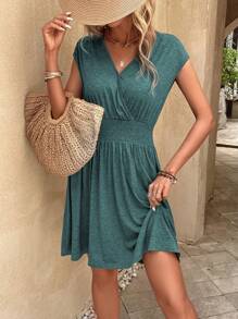 SHEIN LUNE Solid Surplice Neck A-line Dress - Dark Green - View 6