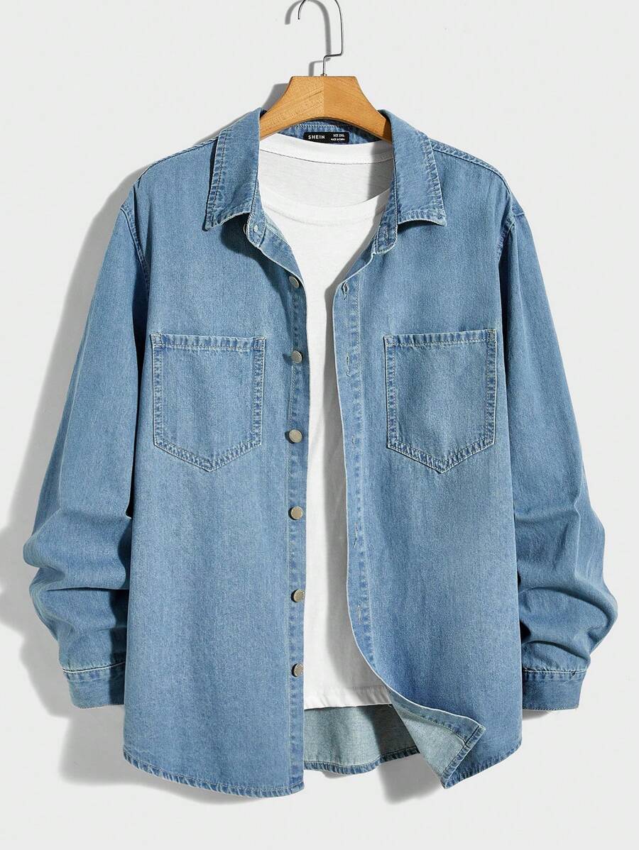 Manfinity RebelGame 男士棉雙口袋牛仔襯衫不帶T恤