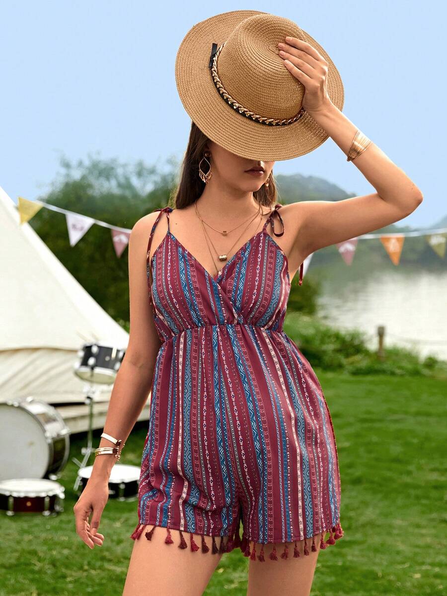 SHEIN Maternity Geo Print Tassel Trim Cami Romper - Multicolor - View 1