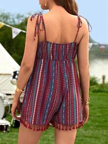 SHEIN Maternity Geo Print Tassel Trim Cami Romper - Multicolor - View 2