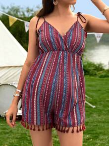 SHEIN Maternity Geo Print Tassel Trim Cami Romper - Multicolor - View 3