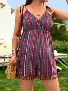 SHEIN Maternity Geo Print Tassel Trim Cami Romper - Multicolor - View 4