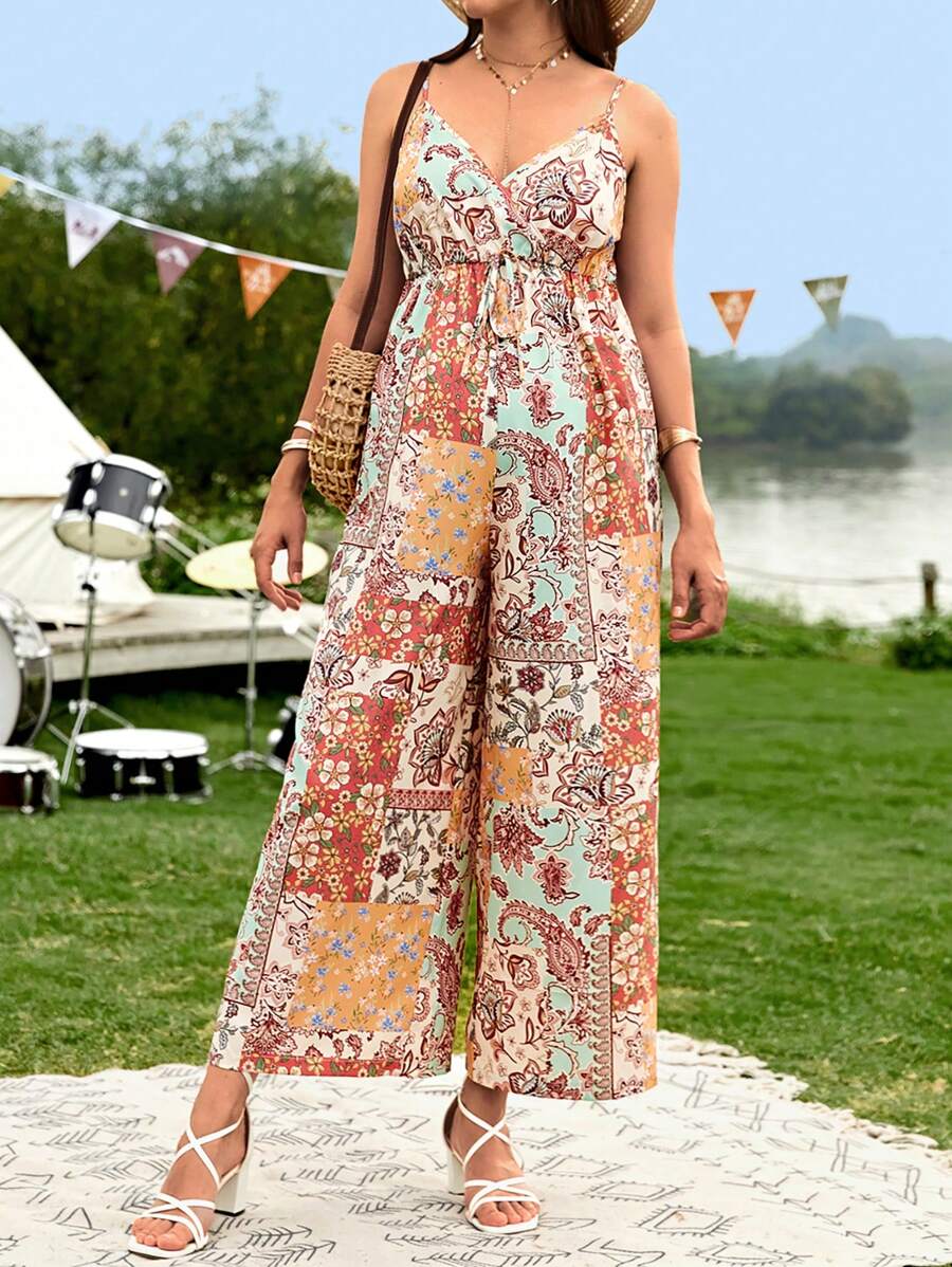 SHEIN Maternity Patchwork Print Wide Leg Cami Jumpsuit - Multicolor - View 1