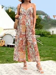 SHEIN Maternity Patchwork Print Wide Leg Cami Jumpsuit - Multicolor - View 5