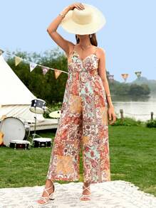 SHEIN Maternity Patchwork Print Wide Leg Cami Jumpsuit - Multicolor - View 6