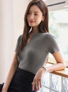 DAZY Blusa casual de punto de manga corta con cuello en V liso para mujer, informal de oficina