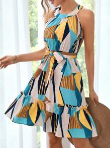 SHEIN VCAY Geo Print Ruffle Hem Belted Halter Dress - Multicolor - View 1
