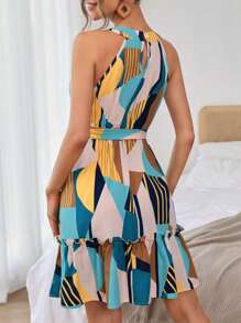 SHEIN VCAY Geo Print Ruffle Hem Belted Halter Dress - Multicolor - View 2