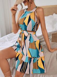 SHEIN VCAY Geo Print Ruffle Hem Belted Halter Dress - Multicolor - View 3