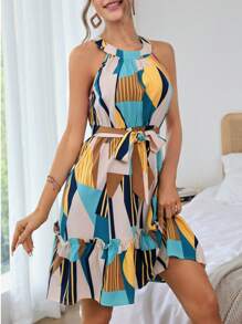 SHEIN VCAY Geo Print Ruffle Hem Belted Halter Dress - Multicolor - View 5