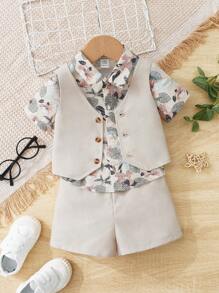 SHEIN Baby Boy Tropical Print Shirt & Shorts & Vest Jacket - Multicolor - View 1