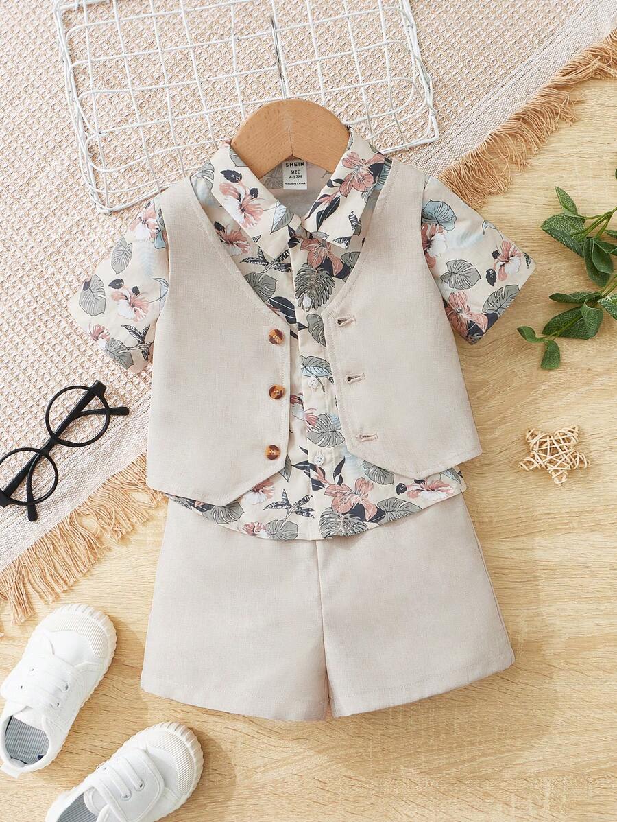 SHEIN Baby Boy Tropical Print Shirt & Shorts & Vest Jacket - Multicolor - View 1