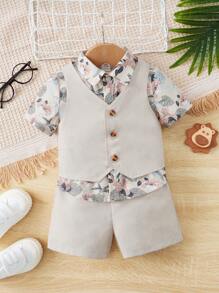 SHEIN Baby Boy Tropical Print Shirt & Shorts & Vest Jacket - Multicolor - View 3