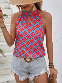 Breezaya Blusa con estampado geométrico de cuello con abertura de ojo - Azul - Ver 3