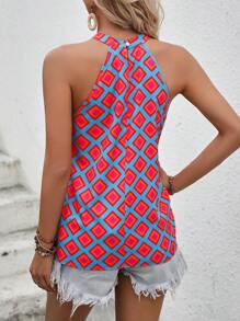 Breezaya Blusa con estampado geométrico de cuello con abertura de ojo - Azul - Ver 2