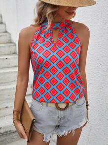 Breezaya Blusa con estampado geométrico de cuello con abertura de ojo - Azul - Ver 6