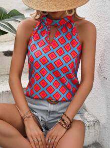 Breezaya Blusa con estampado geométrico de cuello con abertura de ojo - Azul - Ver 1