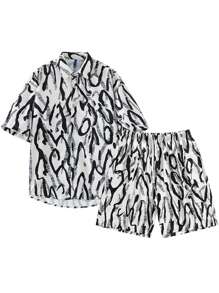 Bộ hai mảnh Nam Nút phía trước Tất cả trên in Giải trí - Đen và trắng - Xem 1