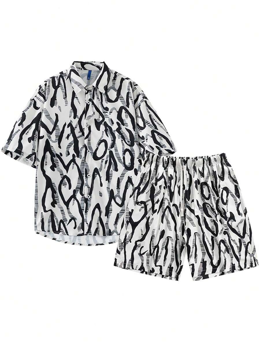 Bộ hai mảnh Nam Nút phía trước Tất cả trên in Giải trí - Đen và trắng - Xem 1