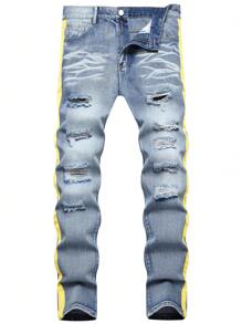 Men Ripped Contrast Side Seam Jeans - Light Wash - View 1