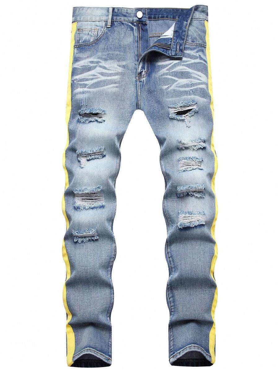 Men Ripped Contrast Side Seam Jeans - Light Wash - View 1