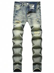 Men Cotton Ripped Frayed Bleach Wash Jeans - Light Wash - View 1