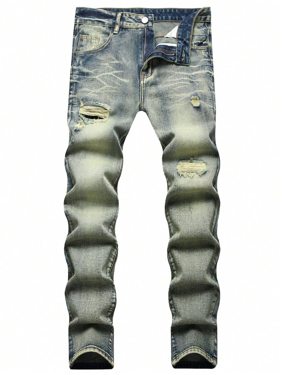 Men Cotton Ripped Frayed Bleach Wash Jeans - Light Wash - View 1
