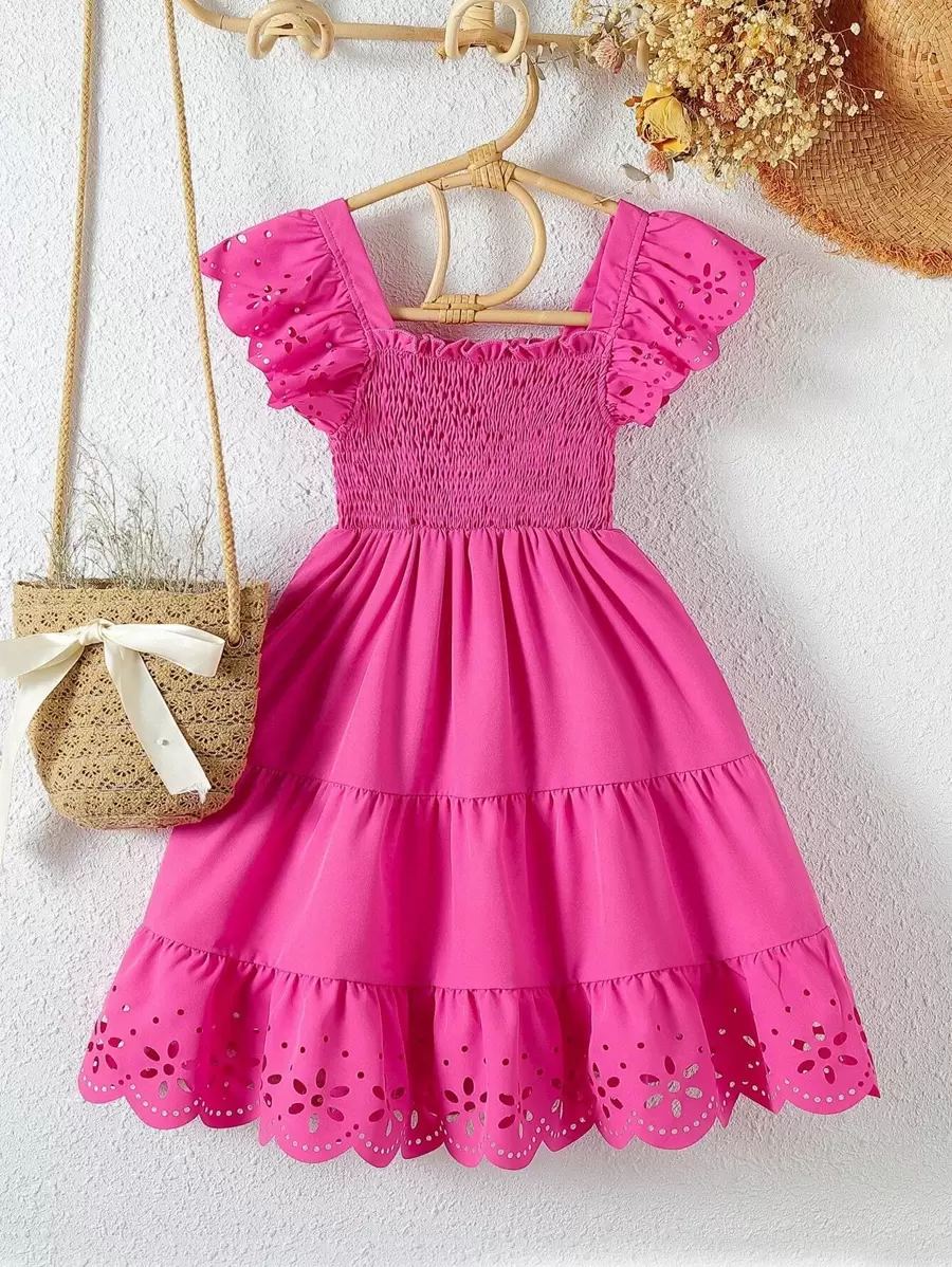 SHEIN Young Girl Laser Cut Shirred Ruffle Hem Dress - Hot Pink - View 1