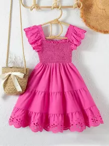 SHEIN Young Girl Laser Cut Shirred Ruffle Hem Dress - Hot Pink - View 2