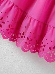 SHEIN Young Girl Laser Cut Shirred Ruffle Hem Dress - Hot Pink - View 3