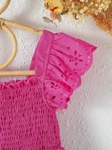 SHEIN Young Girl Laser Cut Shirred Ruffle Hem Dress - Hot Pink - View 5