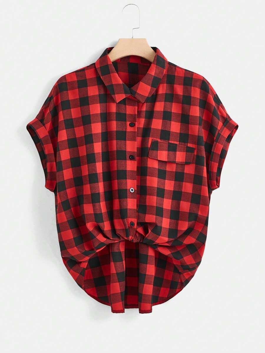 SHEIN LUNE Plus Gingham Print Button Front Shirt - Multicolor - View 1