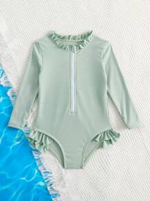 嬰兒女孩荷葉邊拉鍊前開式單片泳衣 - 薄荷綠 - 查看 5