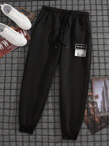 Manfinity Dauomo 男士標語圖案腰部抽繩衛褲 - 黑色 - 查看 1